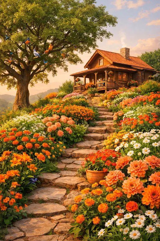 3D Colorful Garden Hill Scene
