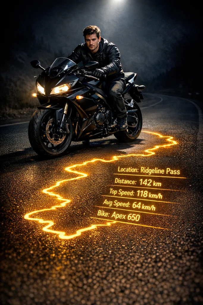 Biker Ride Stats AI Photo Prompt — Glowing Map Route Cinematic Edit - Image 1
