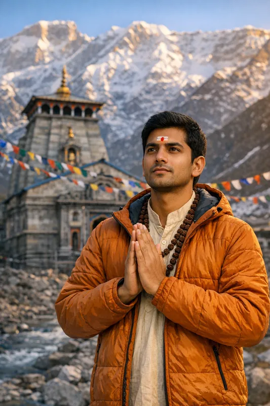 Photo at Kedarnath Temple - Devotional Gemini AI Prompt