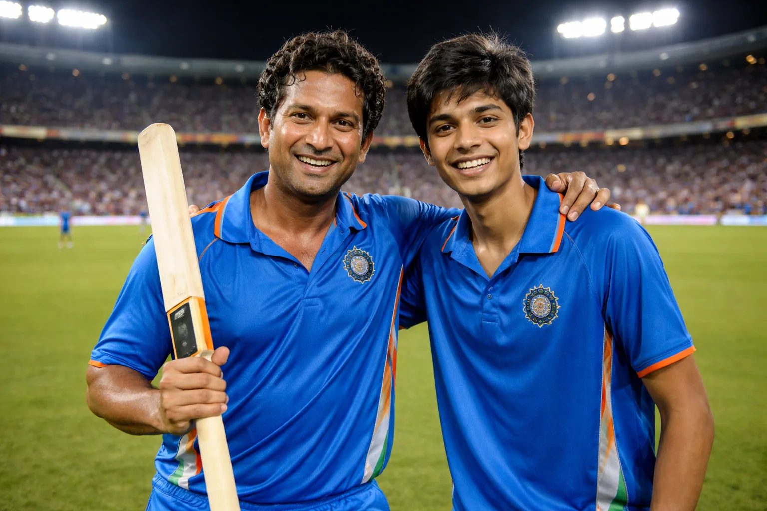 Photo with Sachin Tendulkar at Cricket Stadium - Gemini AI Prompt