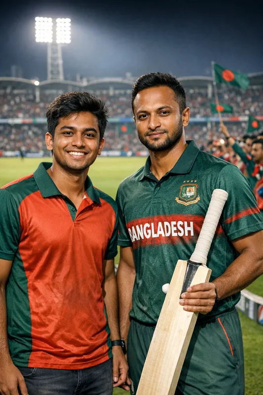 Photo with Shakib Al Hasan at Cricket Stadium - Gemini AI Prompt