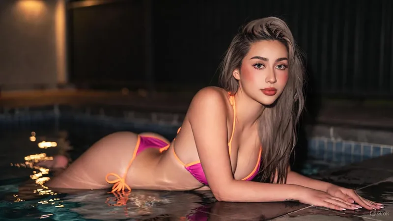 Pool Night Portrait Pink Bikini - Thumbnail 3